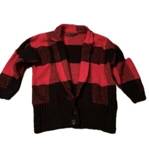 Vintage Red Buffalo Plaid Knit Sweater Jacket / Oversized Medium